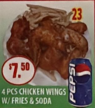 #23 4 Pcs Chicken Wings with Fries & Soda