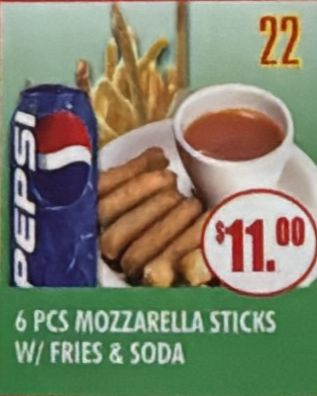 #22 6 Pcs Mozzarella Sticks with Fries & Soda