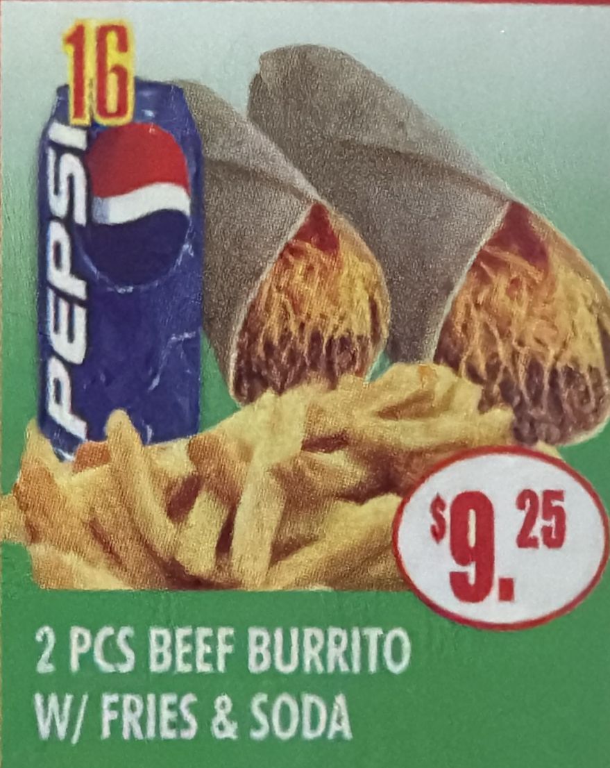 #16 2PCS BEEF BURRITO W/FRIES & SODA