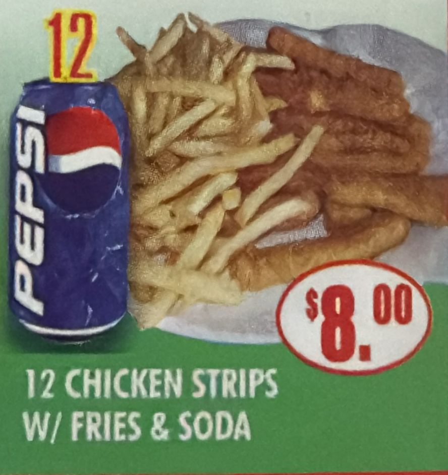 #12 12 CHICKEN STRIPS W/ FRIES & SODA