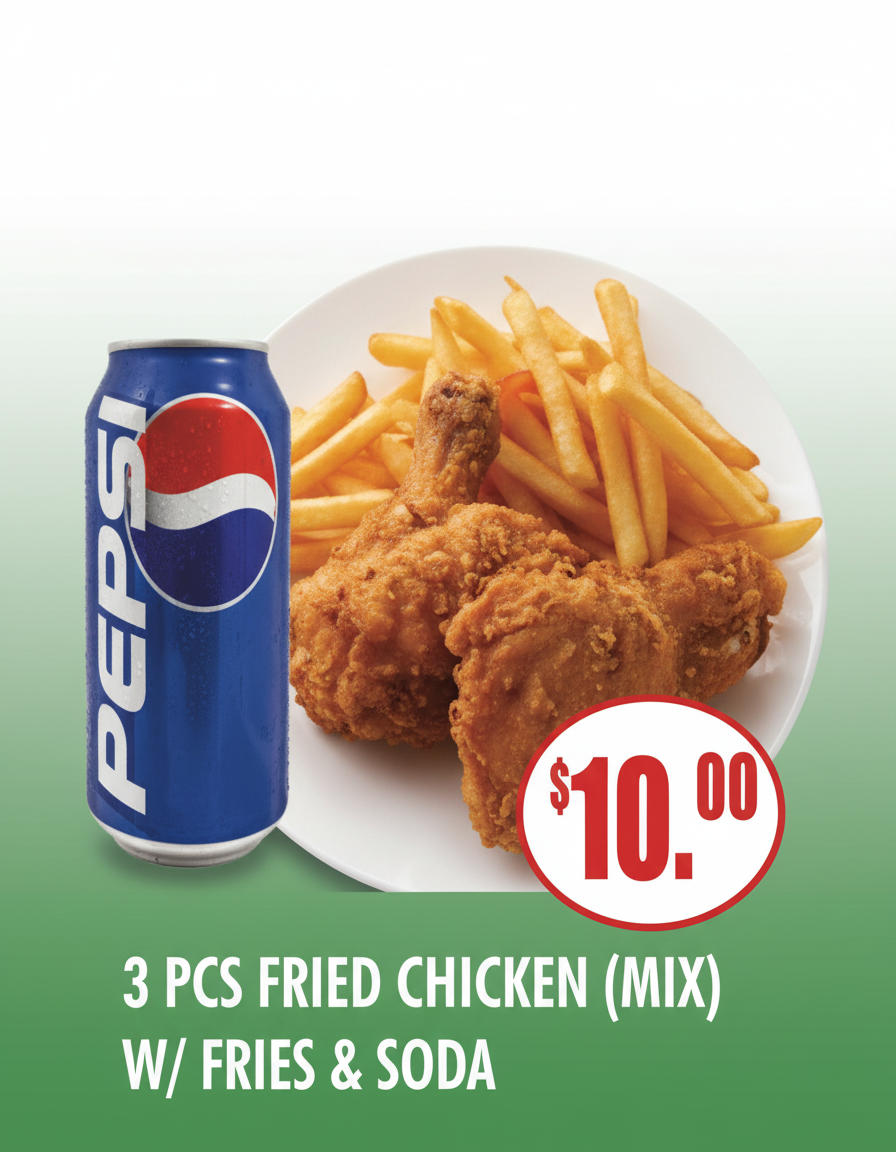 #14 3 PCS FRIED CHICKEN (MIX) W/ FIRES & SODA
