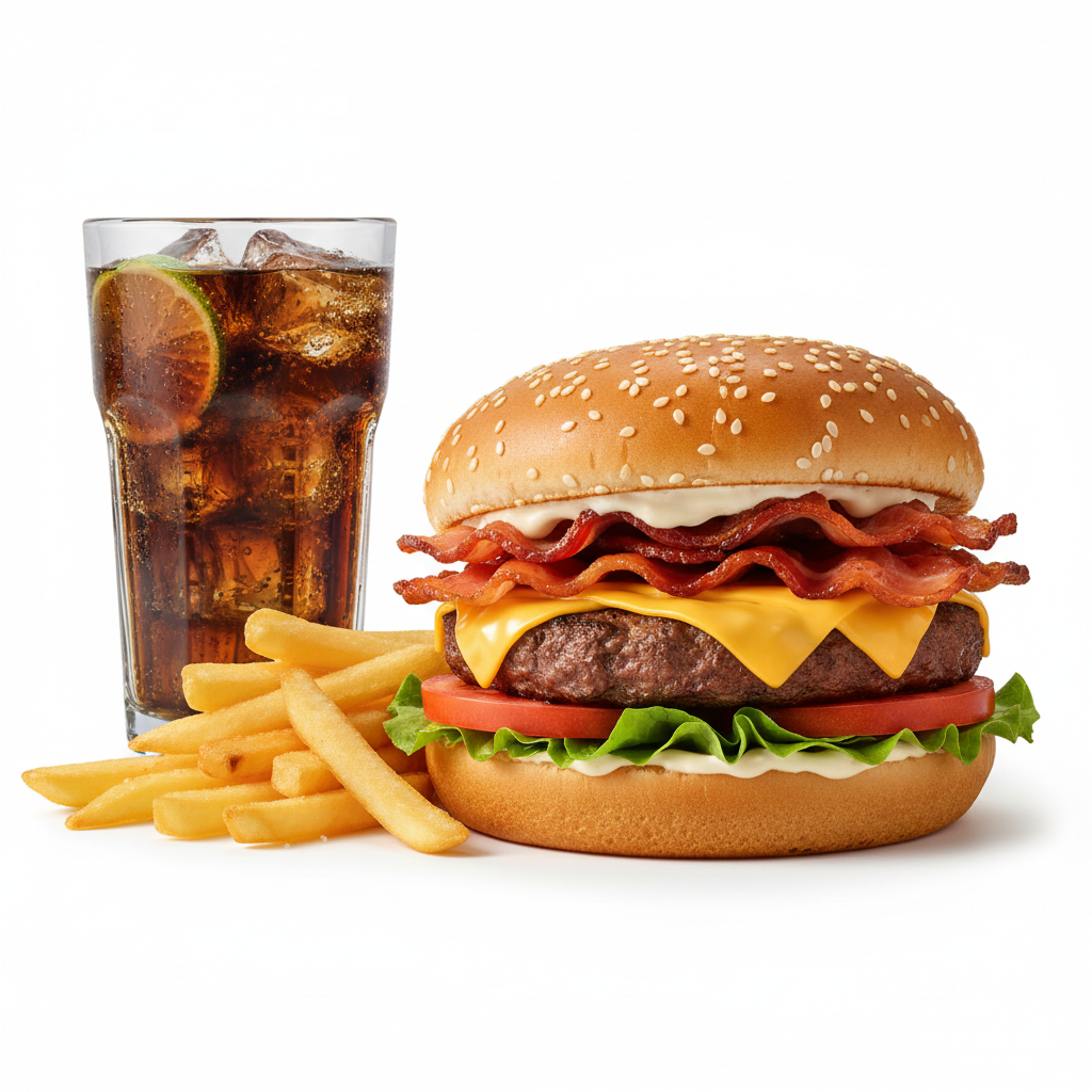 #5 BACON CHEESE BURGER W/ FIRES & SODA