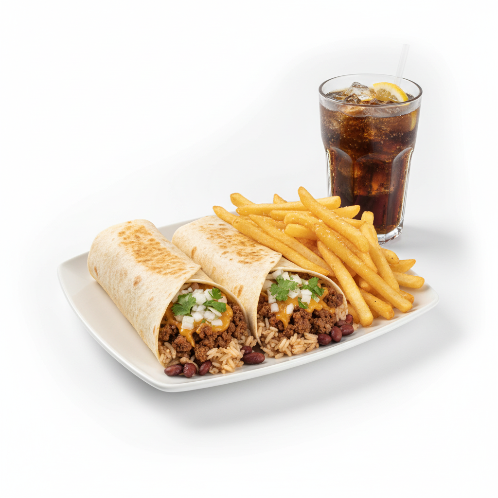 #16 2PCS BEEF BURRITO W/FRIES & SODA
