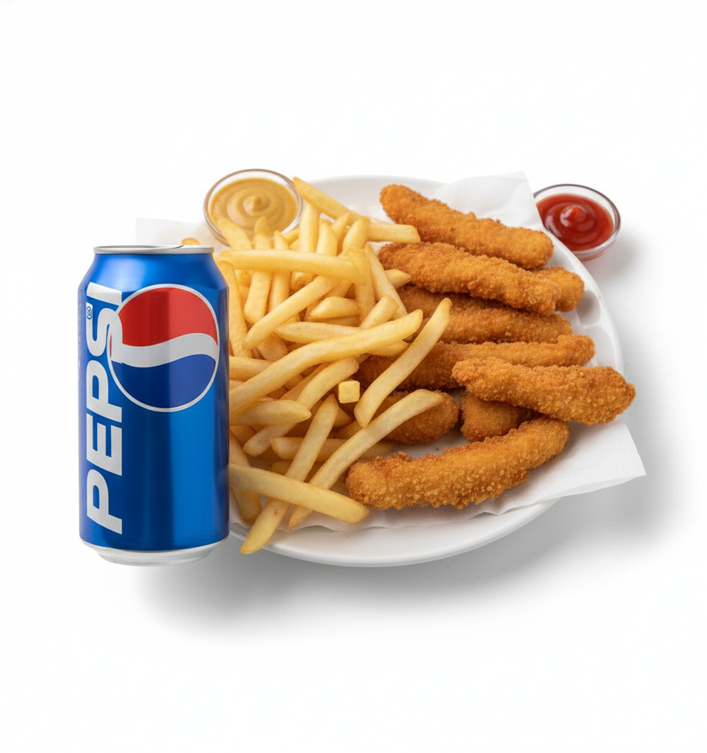 #12 12 CHICKEN STRIPS W/ FRIES & SODA