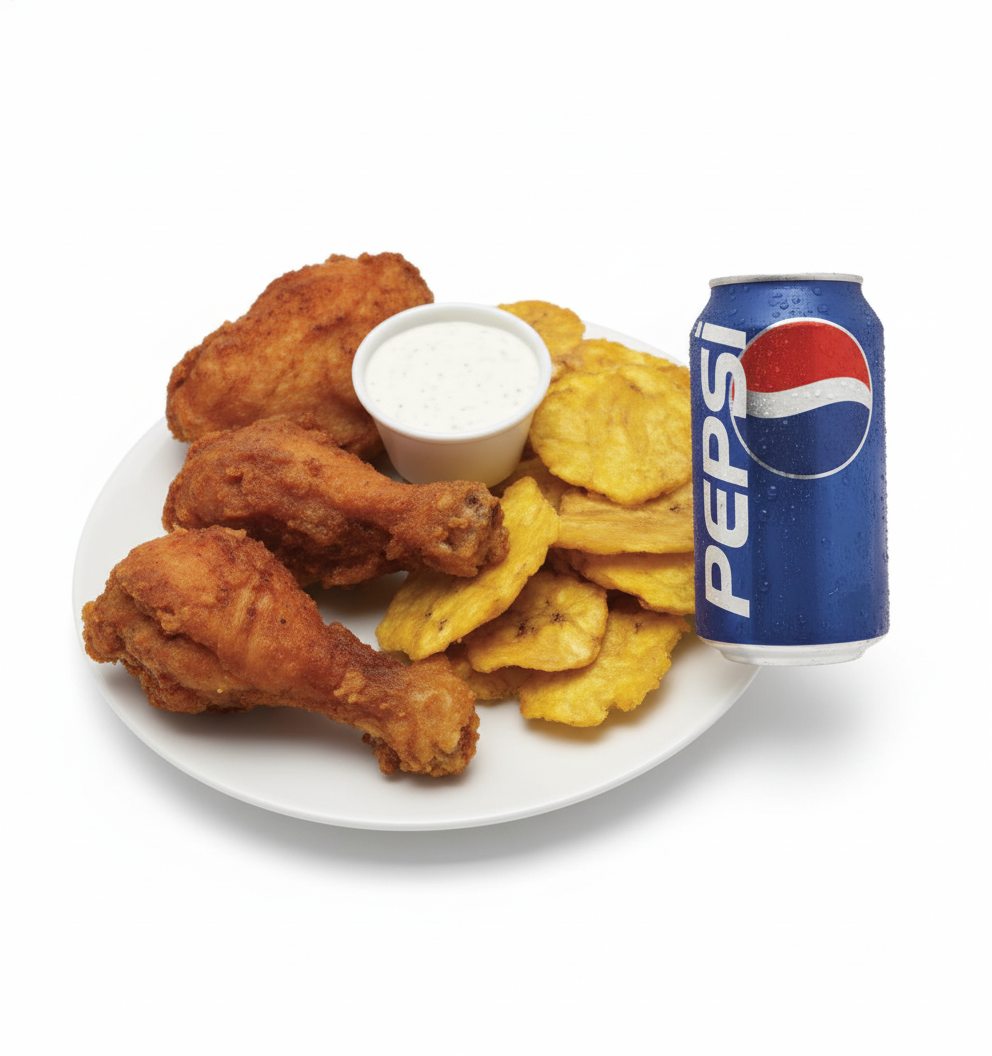 #27 3 Pcs Fried Chicken with Tostones & Soda